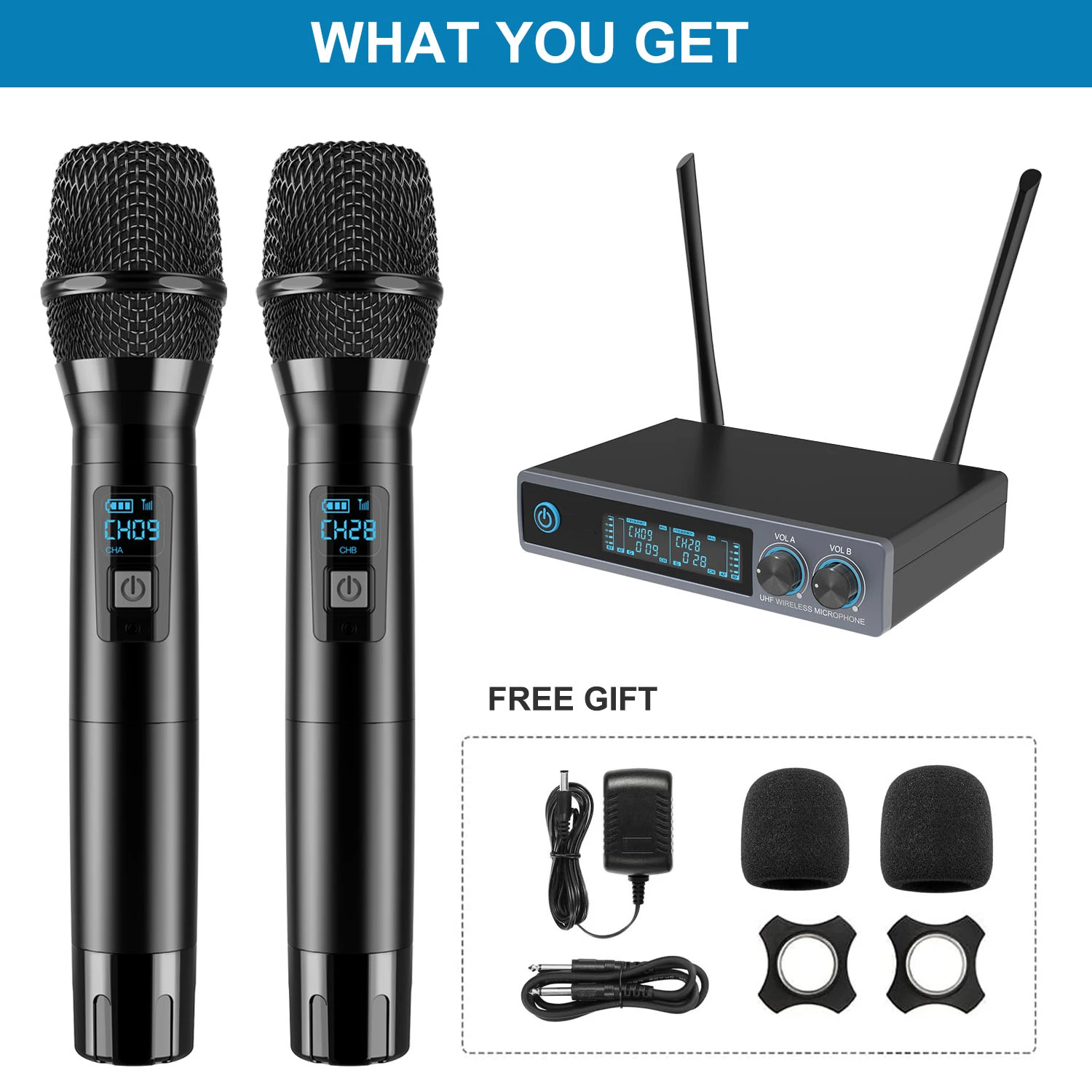 VeGue Wireless Microphone, Metal Dual Professional UHF Cordless Dynamic Mic Handheld Microphone System for Home Karaoke Party, M