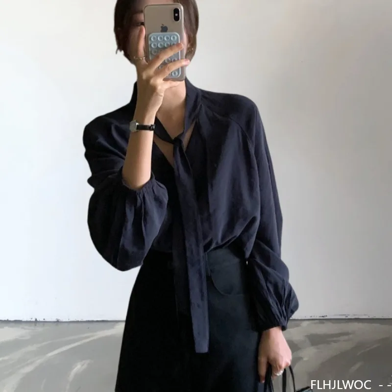 

Loose Korea Chic Tops Blusas 2025 Long Sleeve Women Japan Girls Button Retro Vintage Lace-Up Solid Navy Blue White Blouses