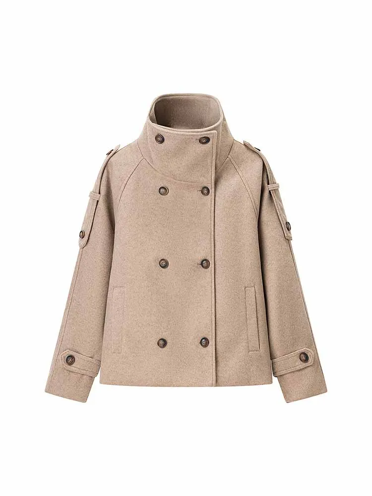 

HH Woman Winter Trend Fashion Solid Color Long Sleeves Double Breasted Half Turtleneck Short Coat Female Casual Loose Jacket