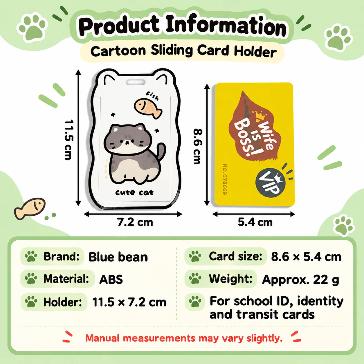 Cute Cat ID Badge Holder Sliding Cover Hard ABS Card Protector for Student School Office Work ID Bus Pass
