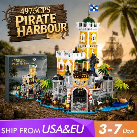 Pirate Harbour Medieval Castle Lighting Building Blocks Street View Modular Assembly Model Bricks Collection Adult Gift 4975PCS