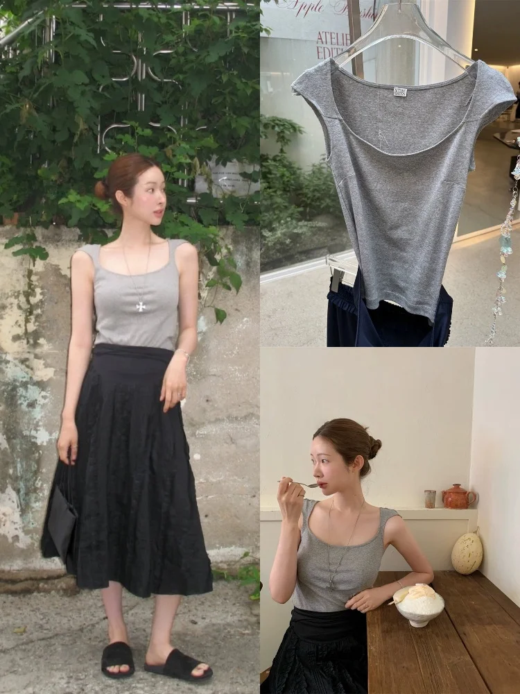 

ay Футболка с квадратным воротником Жилет Внутренняя одежда Простая верхняя одежда No Sve Top Dongdaemun Jinge Yuan Sle Commute Sle Slim Fit ...