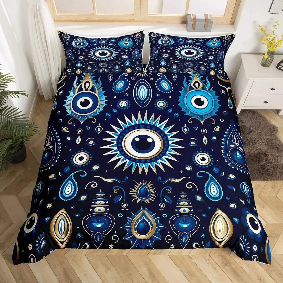 

Eyes Comforter Cover Bohemian Hippie Water-Drop Duvet Cover Boho Eyes Nazar Amulet Bedding Set Mysterious Blue Eyes Quilt Cover