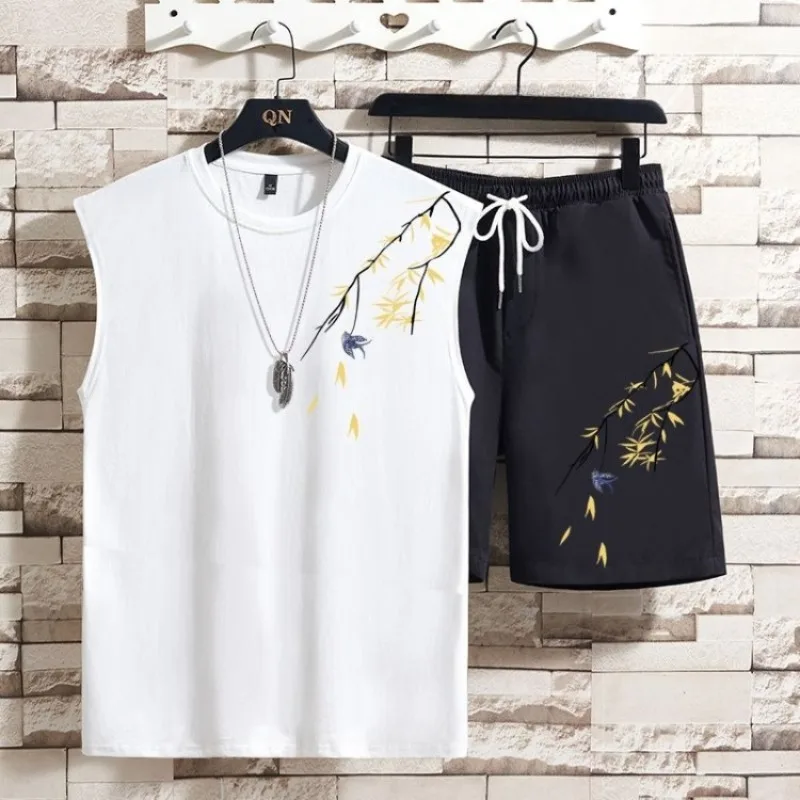 

Men Summer Sleeveless Vest Set Chinese Style Bamboo Leaf Design Sense Top Outfit National Trend