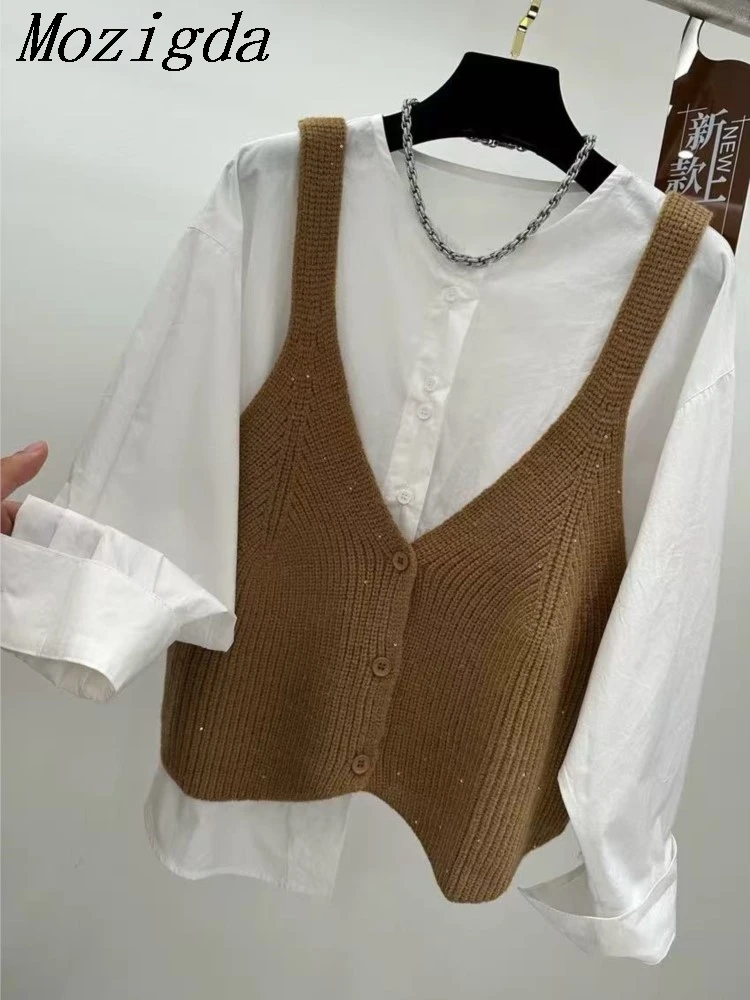 

Совершенно новый вязаный свитер, жилет, комплект из двух предметов, многослойная майка с рукавами-фонариками, корейская рубашка прямого кроя с длинными рукавами и круглым вырезом