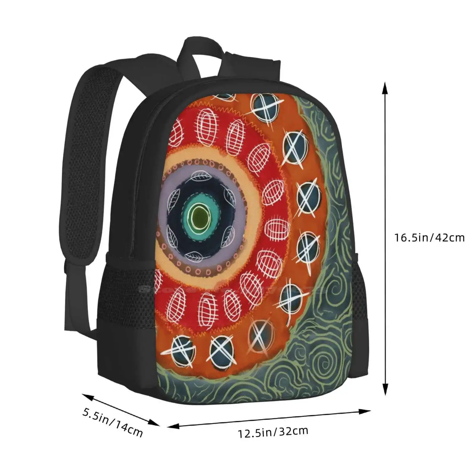 Circle Upon Circle Hot Sale Backpack Fashion Bags Circles Mandala Doodles Leaves Orange Teal Green Red Summer Funky Round And