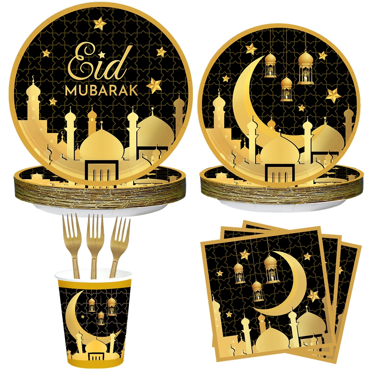 Decoración Eid Mubarak, platos de papel desechables, vasos, servilletas, globos, Eid Mubarak, Festival musulmán islámico, suministros de decoración para fiestas