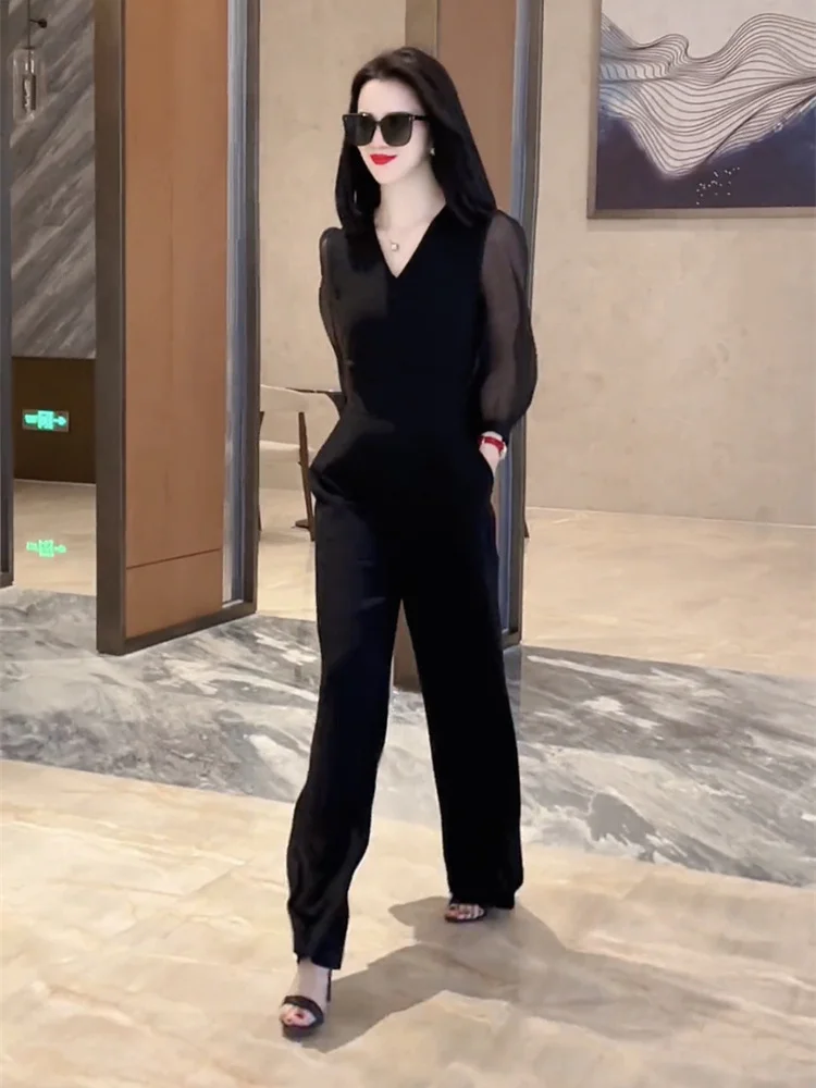 Salt Series Faionable Sweet Cool Sister costume une pièce femme longue Sve v-ne pantalon taille haute jambe longue fibre de Polyester