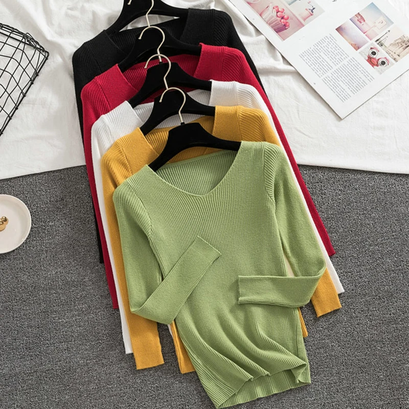 Autumn Winter Pullover Sweater Long Sleeve Top Women V Neck Green Jumper Streetwear Solid Bodycon Black Sweaters Y2K Clothes