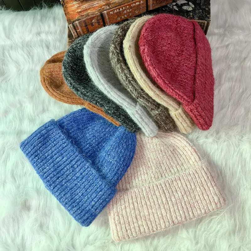 Winter Angola Kaninchen Fell Gestrickte Mützen Für Frauen Fashion Solid Warme Kaschmir Wolle Skullies Kappe Weibliche Falten Beanie Hüte