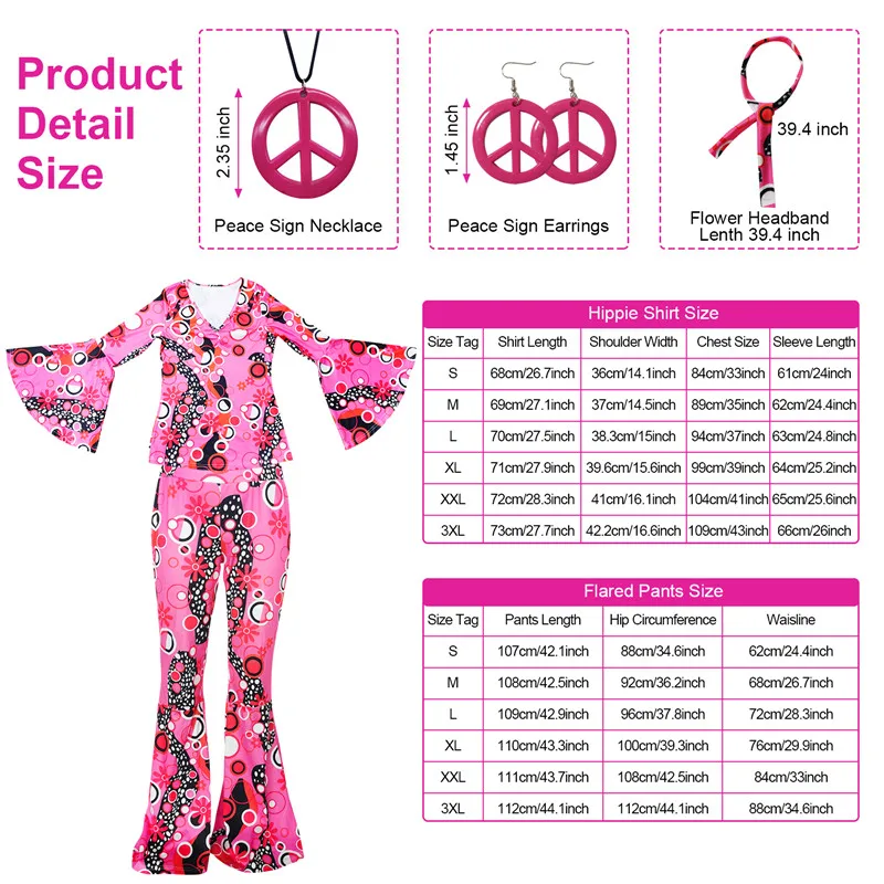 Women's 5-piece Set Hippie Girl Costume Retro Print Flared  Sleeve  With Earring Necklace  Headband Disco Suit  70's Theme Party