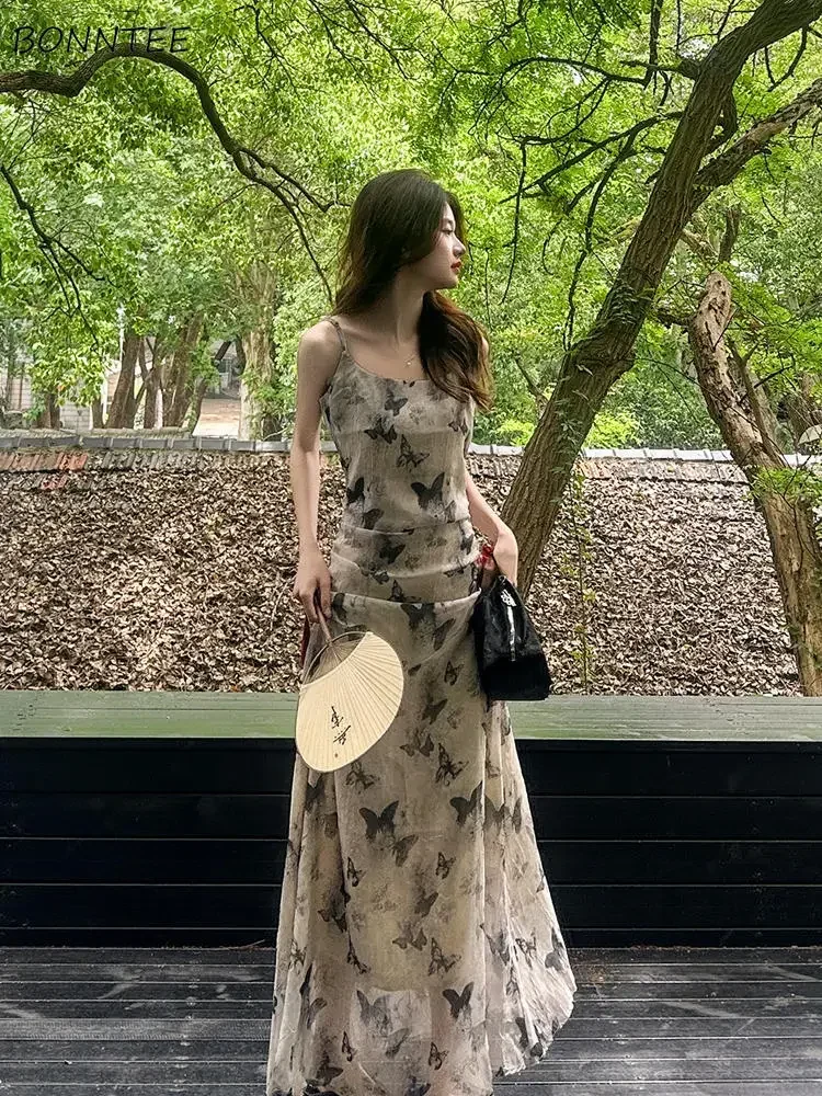 Abiti Camis Donna Abiti senza maniche Farfalla Stampata Doppio strato Casual Vacanza Spiaggia Data Elegante vestito estivo sexy