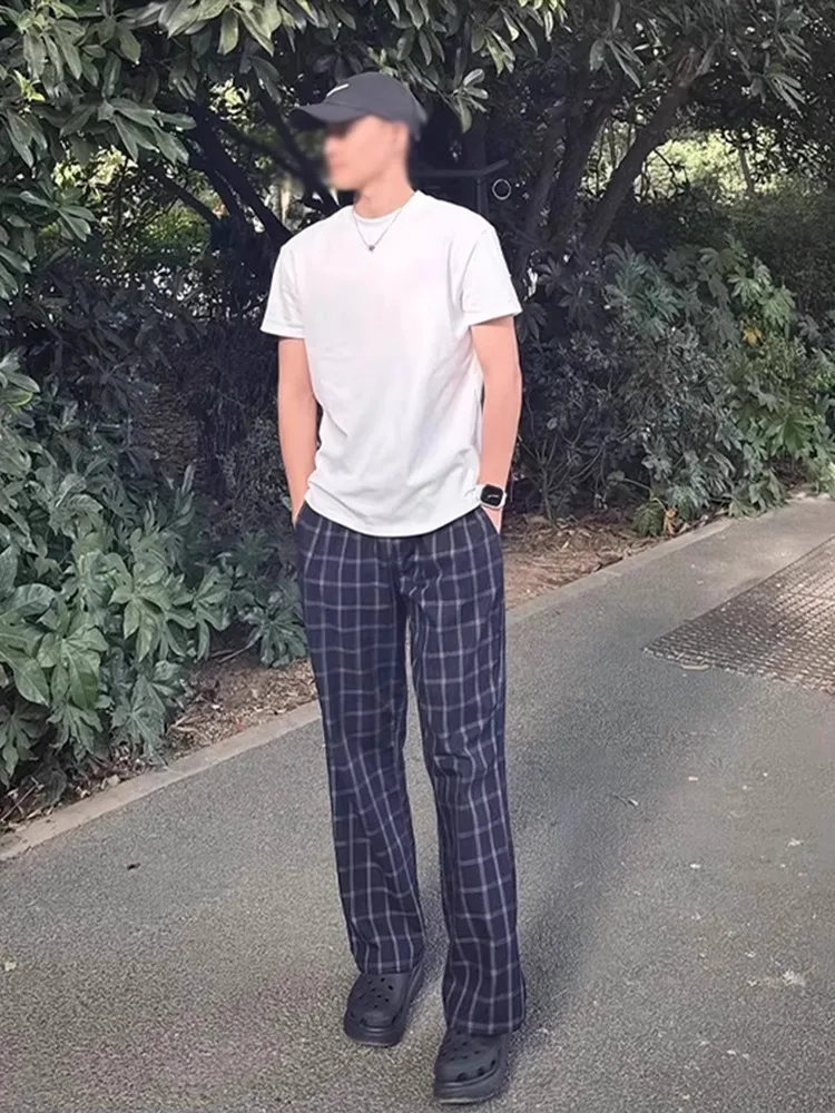 

Мужские летние тонкие брюки в клетку в американском стиле ретро с микро-клешми, прямые повседневные спортивные брюки, дышащие свободные брюки с низкой талией