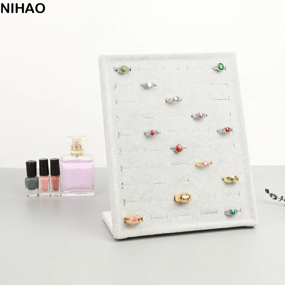 

Fashion 50 Slots Rings Display Stand Soft Velvet Space-Saving Jewelry Organizer L Shaped Black Gray Ring Holder Shop Counter