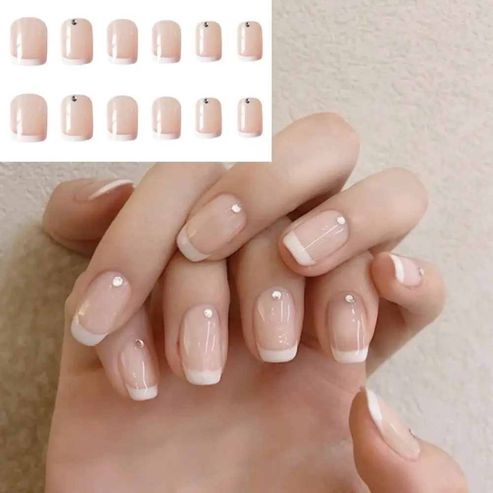 เล็บปลอมสีขาว 24 ชิ้น/กล่อง สำหรับทำเล็บ ปลายเล็บทรงเหลี่ยมแบบฝรั่งเศส เล็บปลอมแบบสวมใส่ได้