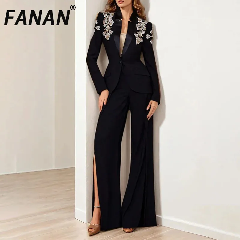 Fan-fashion celana wanita, Set 2 potong kerah berlekuk lengan panjang Blazer manik-manik pinggang tinggi celana terpisah elegan setelan 2025 musim semi baru