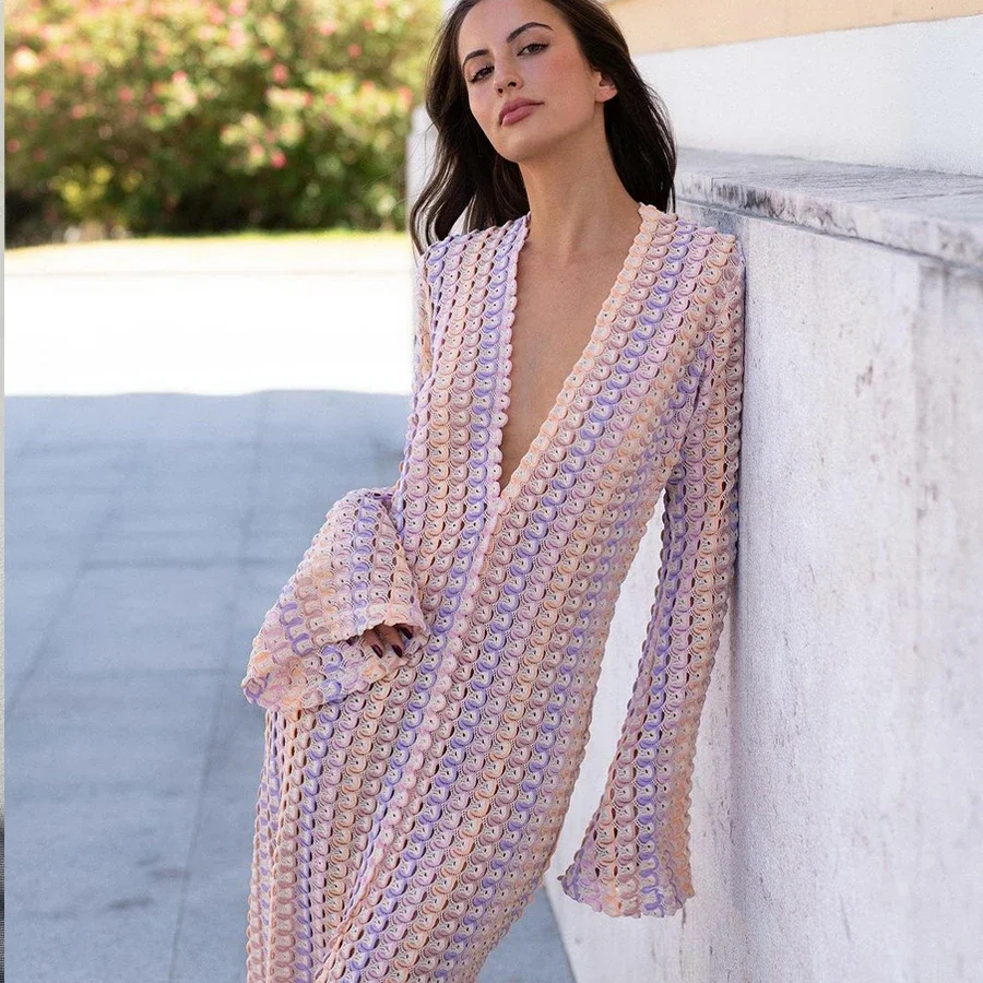 Abito lungo a righe colorate all'uncinetto, abito lungo sexy con spacco alto, abito da festa in spiaggia, gonna da spiaggia, copricostume bikini, giacca da bagno