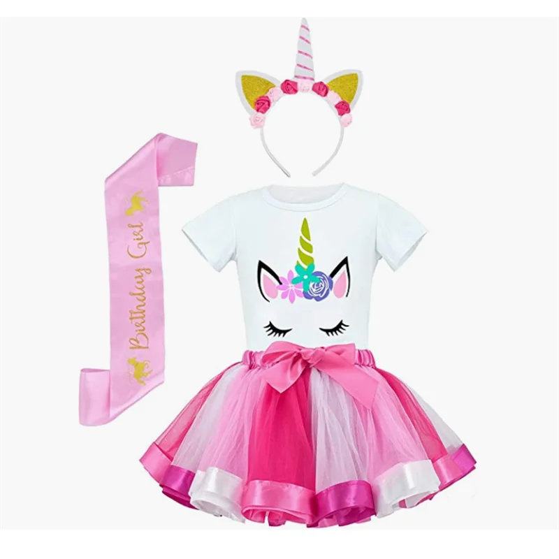 Girls\' Unicorn T-shirt Short Skirt Set With Headband And Satin children Rainbow Skirt Children\'s Clothing Set
