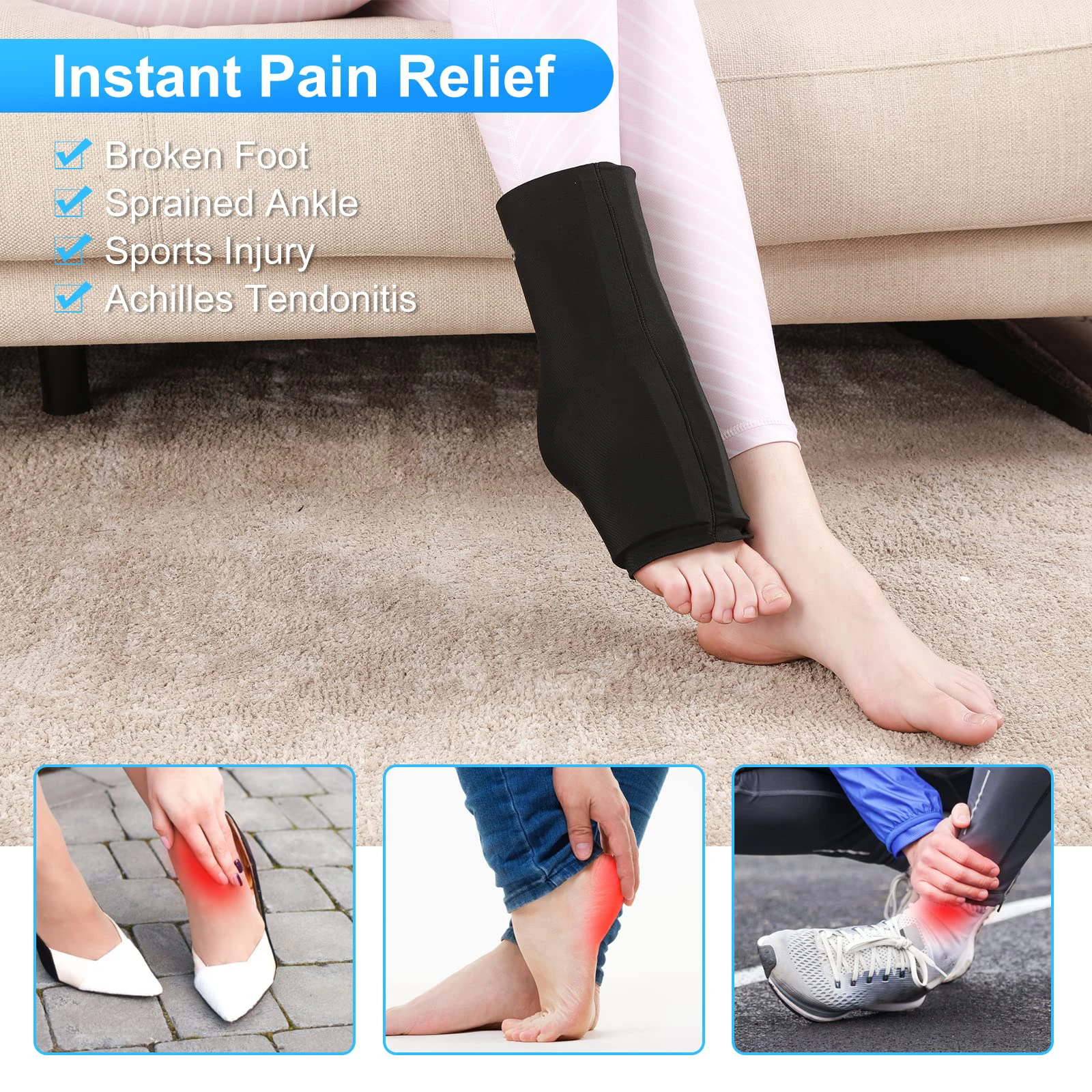 Ankle Ice Pack Wrap Reusable Gel Cold & Hot Pack for Achilles Tendon Injuries Edema Arch Plantar Fasciitis Sprained Swelling