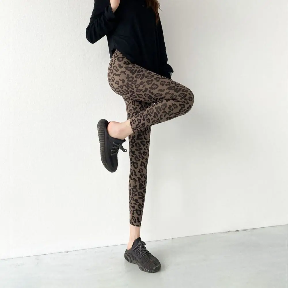 Hip Lifting Leopard Print Leggings High Waist High Elasticity Leopard Yoga Pants Cocoa Breathable Shark Pants Women