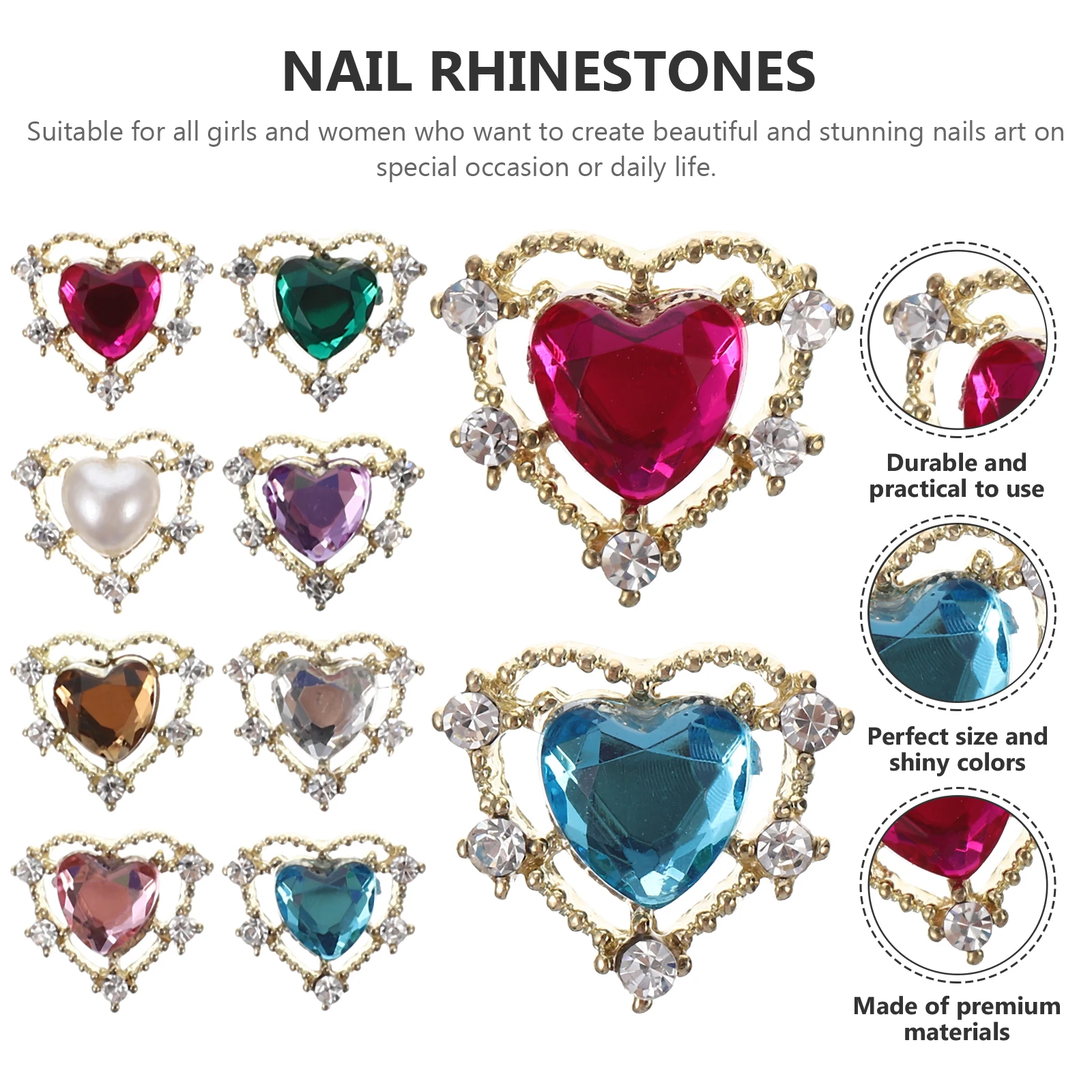 

10 Pcs Nail Decor Colorful Diamonds Jewelry Charms Tiny Rhinestones for Nails Heart-shaped Mini Golden