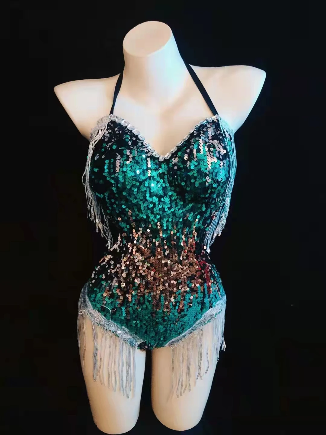 Adult Women Nightclub DJ Pole Dancing Leotard Costume Green Sequins Backless Bodysuit Bar Party Show Sexy Stage Tights