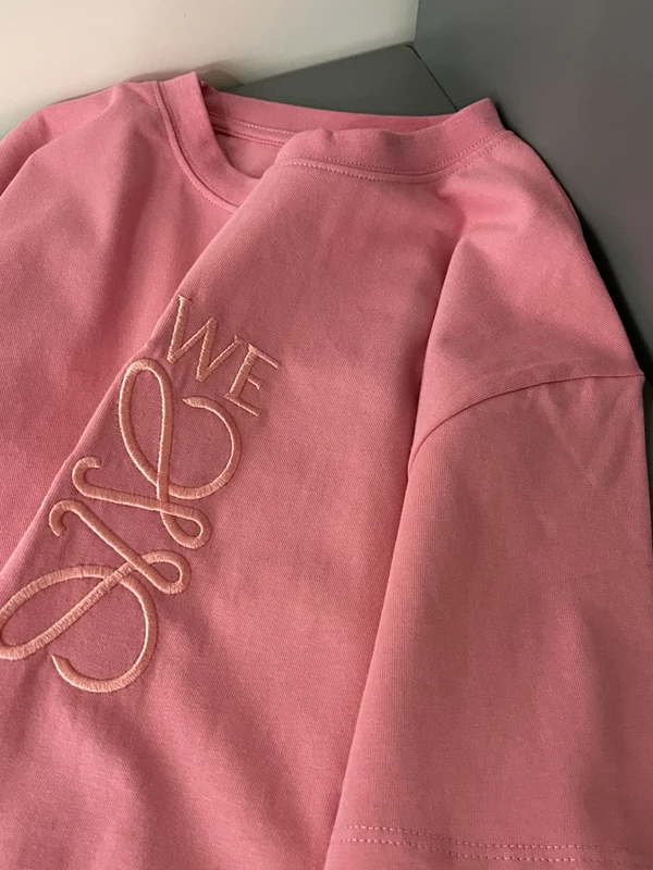 TIDEAN Summer 2026 Pink Embroidered Short Sleeve T-Shirt Loose Fit Unisex Casual Top for Couples Breathable Cotton Tee