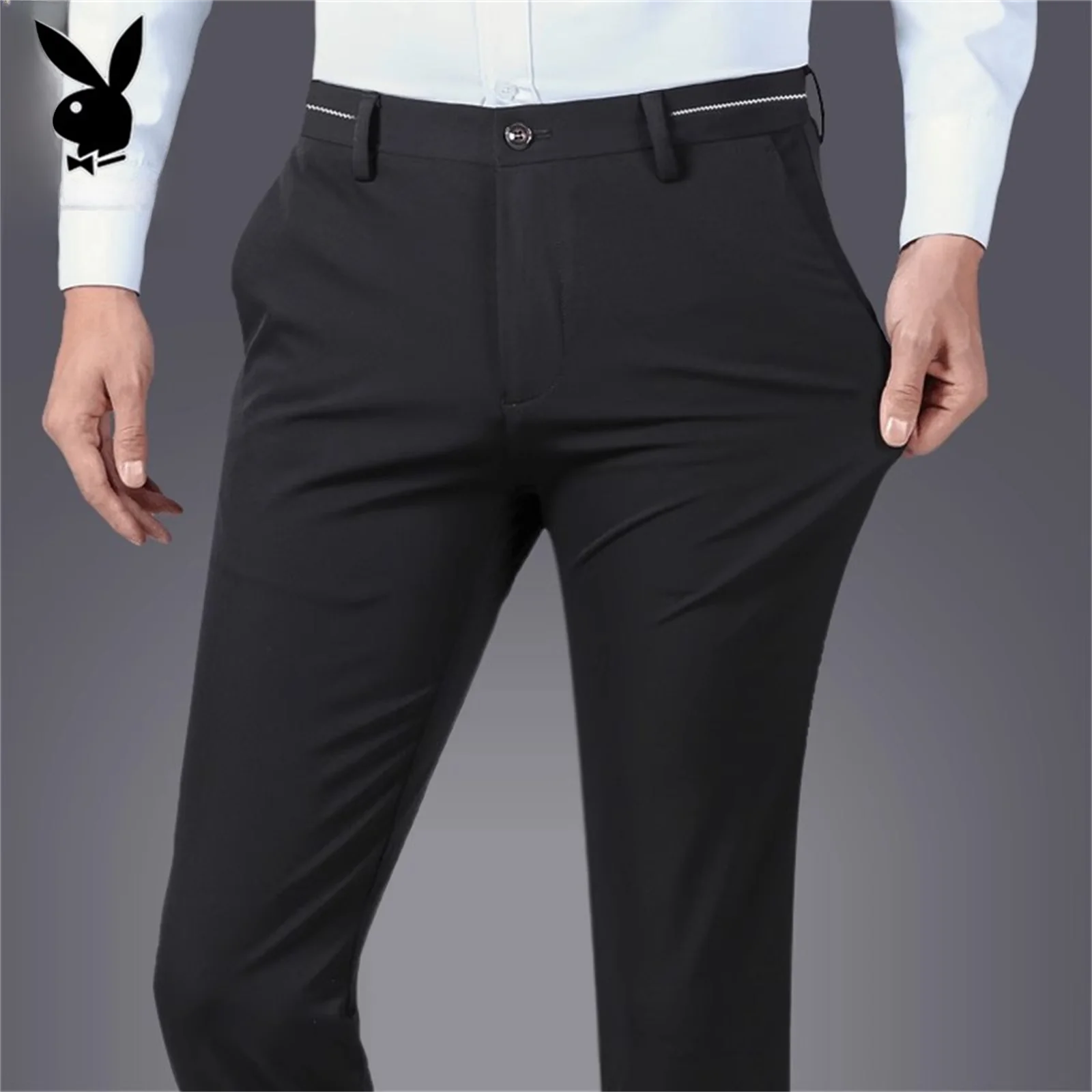 

Men's Busin Casual Pants Slim Fit Spring 2024 Elastic Waist Trousers Youth Active Sle Anti-Wrinkle Polyester