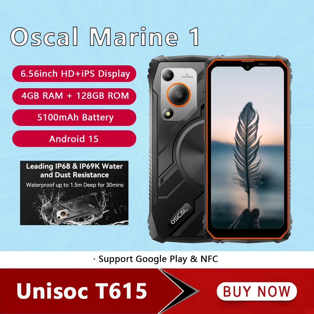 OSCAL MARINE 1 4G Rugged Smartphone Android 15 Unisoc T615 6.56 inch HD+ 4GB RAM 128GB ROM Mobile Phone 5100mAh Cellphone NFC