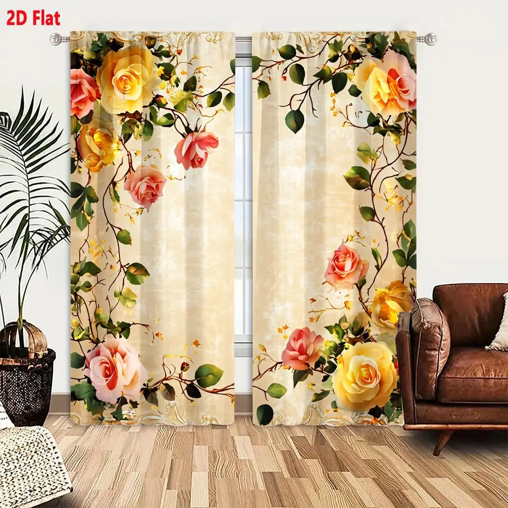 2Pcs Curtains 2D Flat Vintage Floral Frame With Roses And Leaves On Parchment Background Window Drapes for Bedroom Room Decor De