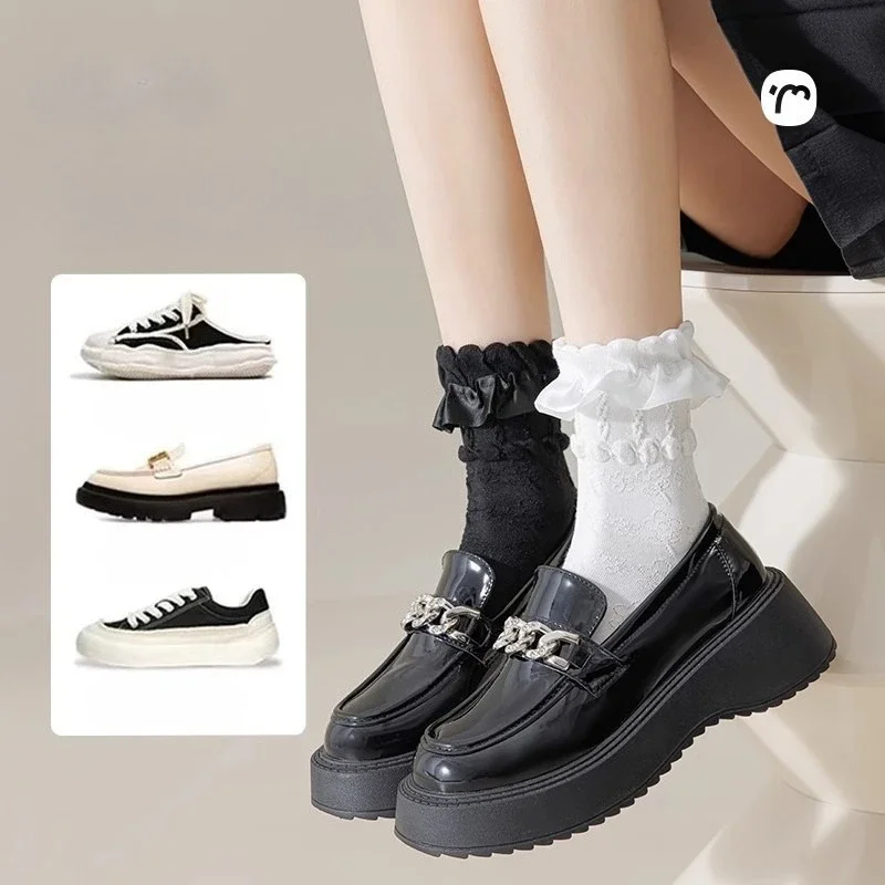 1 Pairs Women‘s Lace Trim Ruffle Socks Cotton Stacked Socks Mid Calf Black White Kawaii Vintage Princess Socks Spring Summer