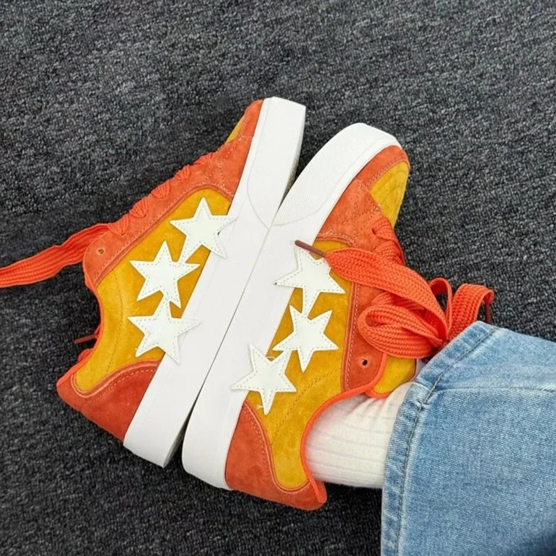 Women's Retro Star Skate Sneakers Suede Patchwork Low Top Lace Up Chunky Sole Streetwear Casual Walking Shoes Fashion Trainers