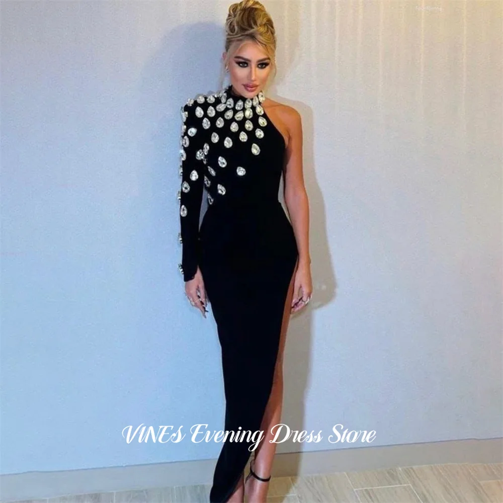 VINES Black Evening Dresses with Oversized Rhinestone Gala Dresses High Slit Formal Dress One Shoulder Party Dress Customized