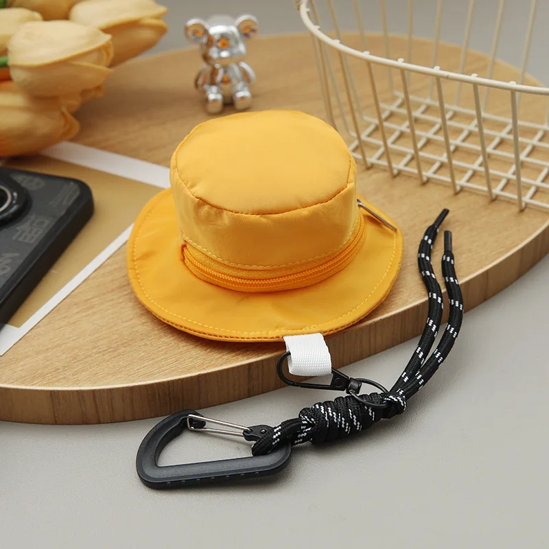 1Pcs Custom Logo Mini Bucket Hat Shaped Design Storage Bags with Carabiner Cute Zipper Coin Purse Colorful Bag Pendant Gift