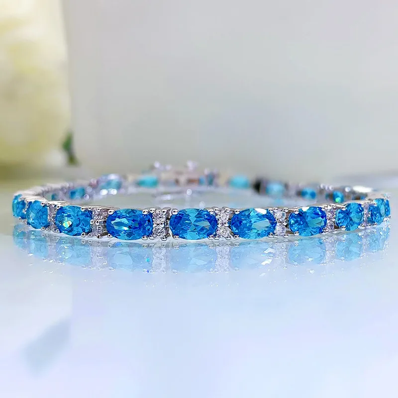 

Luxury Silver 925 Jewelry Aquamarine Bracelet for Women Oval Cut Full Crystals Diamond Fine Jewelry for Woman Party Gifts