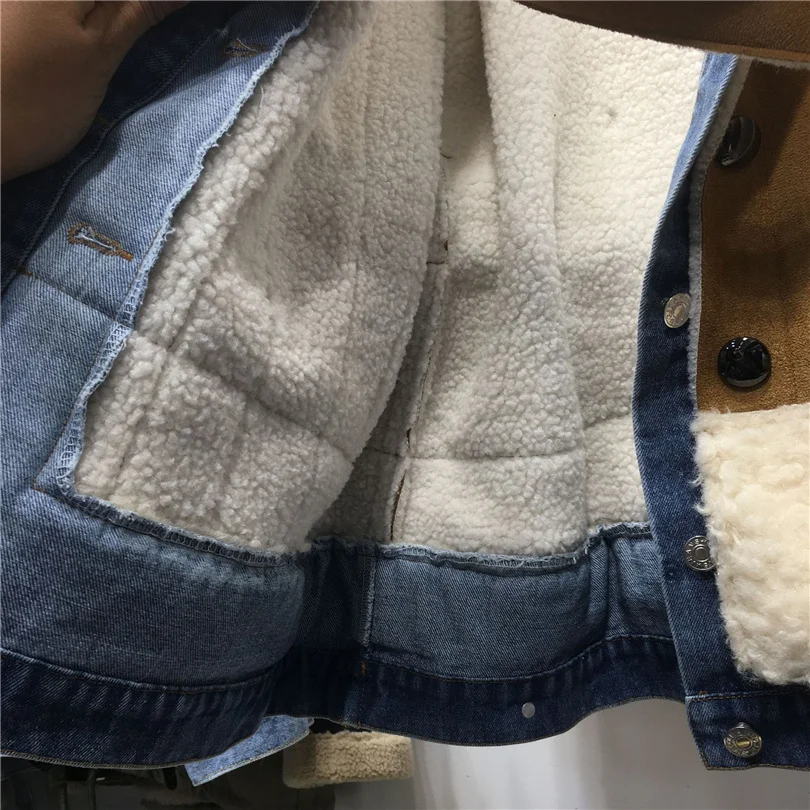 2023 Faux female fur coat new winter imitation lambswool flocking thick jacket fashion chic patchwork denim outwear streetwear