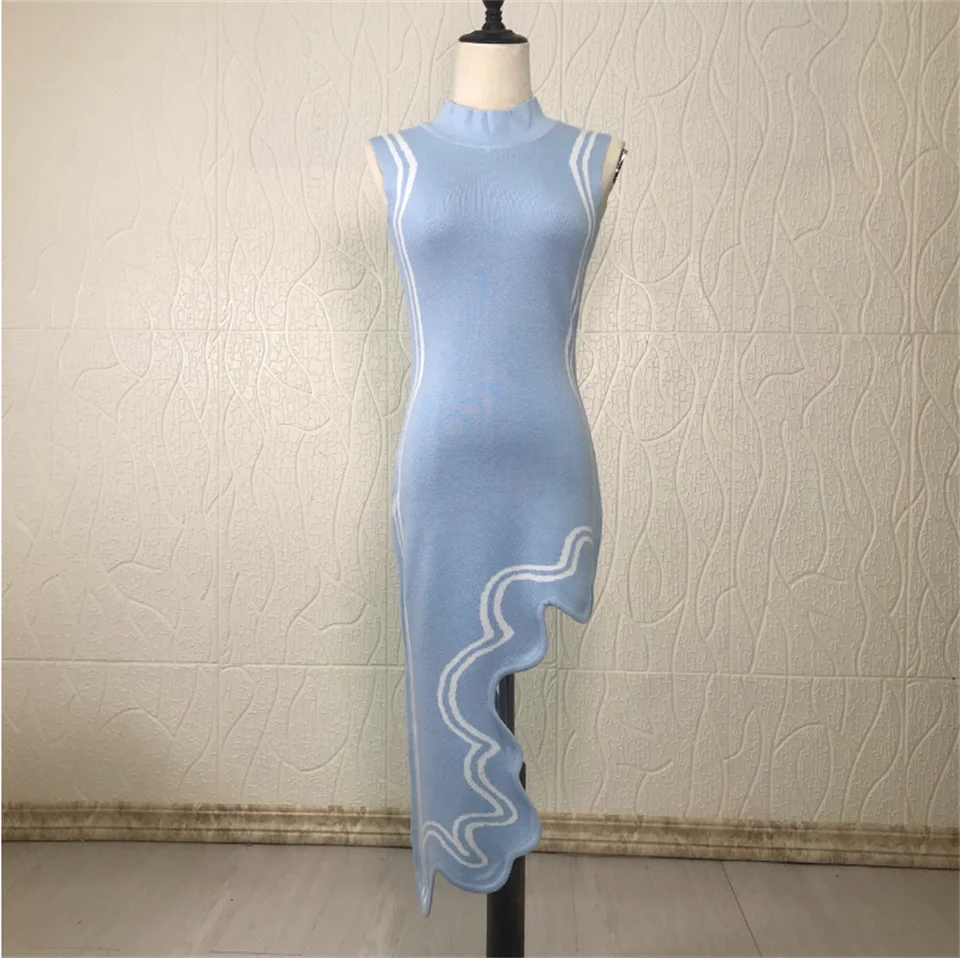 wavy hem knitted sleeveless dress Start New 2022 Asymmetrical Round Collar Sky Blue Black Striped Knit Sexy Female Knitting Dress blue sequin mini dress