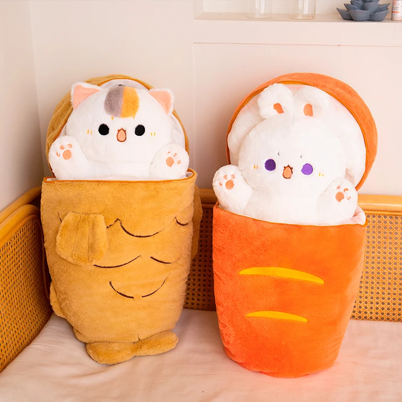 

Kawaii Taiyaki Cat Rabbit In Sleeping Bag Plush Toys Furry Animal Pillow Big Carrot Cushion Lovely Doll for Girls