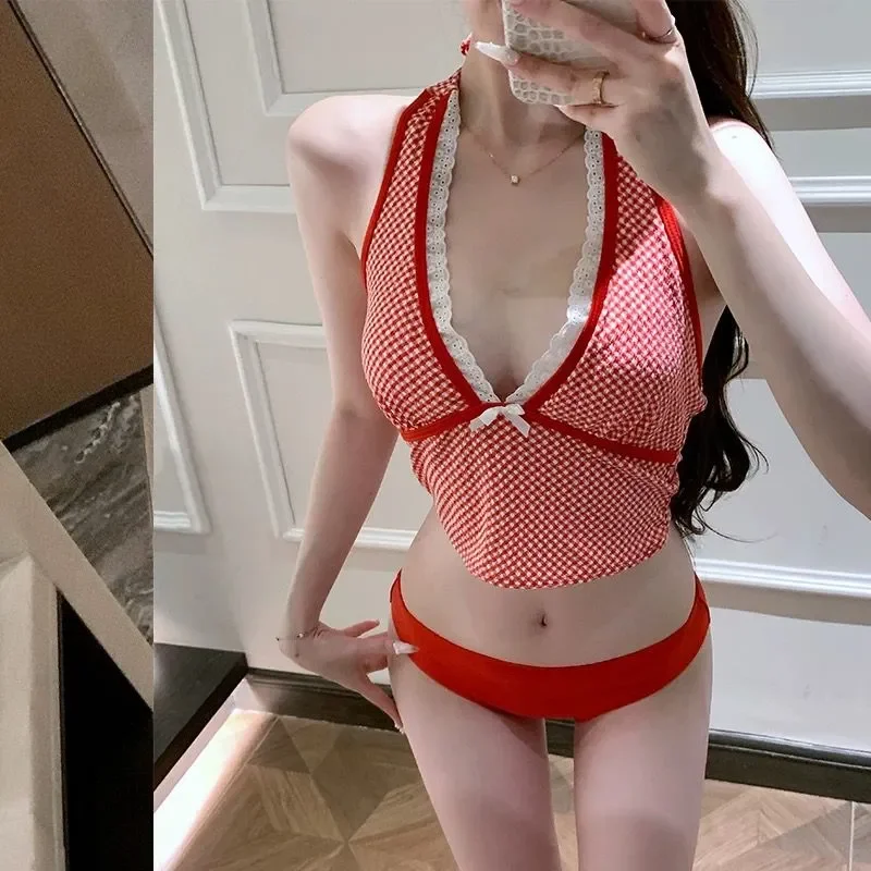 

Женский комплект бикини из 3 предметов с узором в клетку, милый купальник с юбкой-накидкой