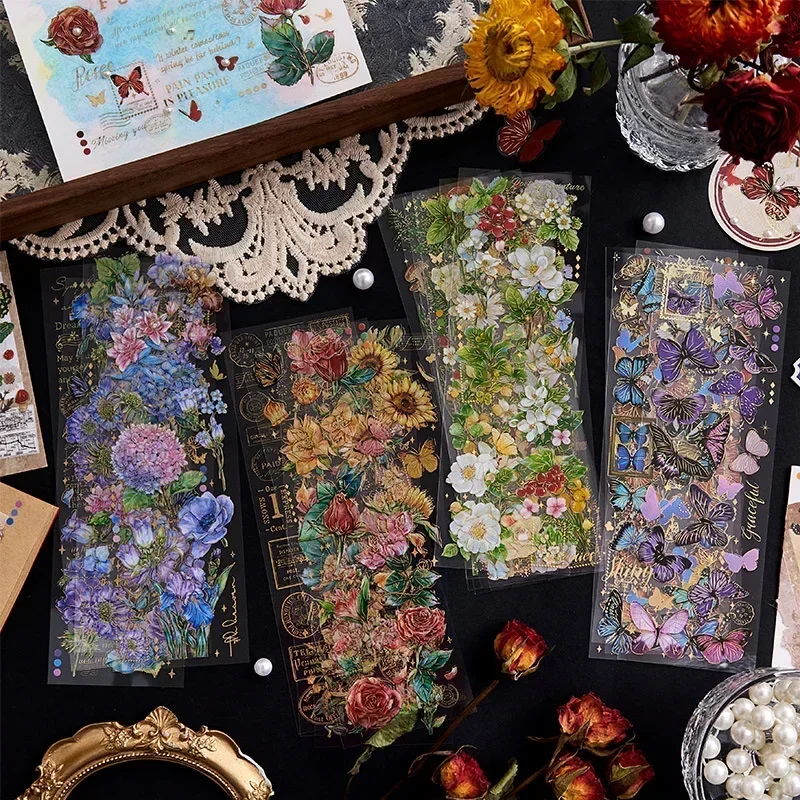 

20 Sheets/pack Flowers Fruits Plants Letters PET Hot Stamping Gilding Stickers Journaling Scrapbook Decorative Collages Material