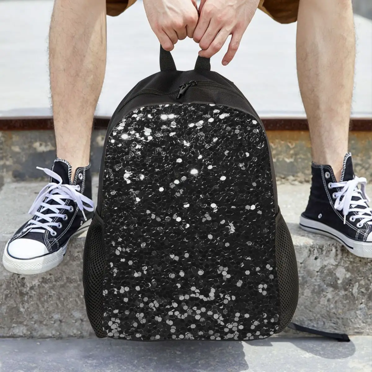 Black Glitter Look Chunky Sequin Backpack Daypack Large Capacity Children BookBag School Bag Shoulder Bags for Men Women