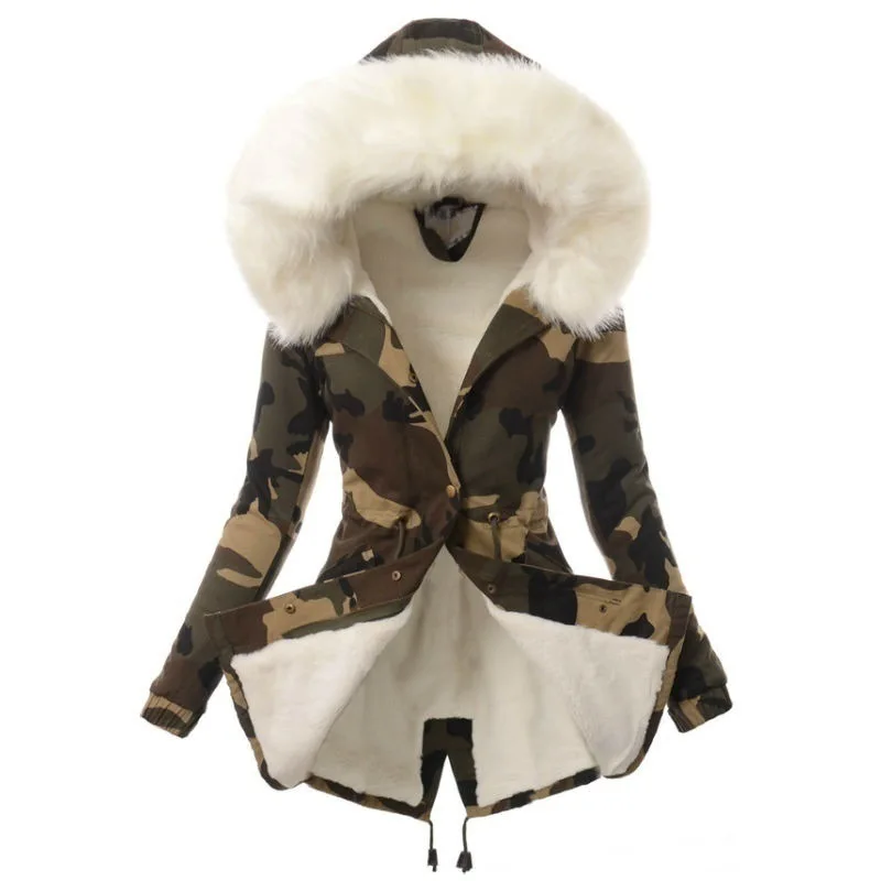 Autumn Winter New Women Cotton Clothes Fur Collar Drawstring Camouflage Jacket Warm Female Cotton-padded Clothes