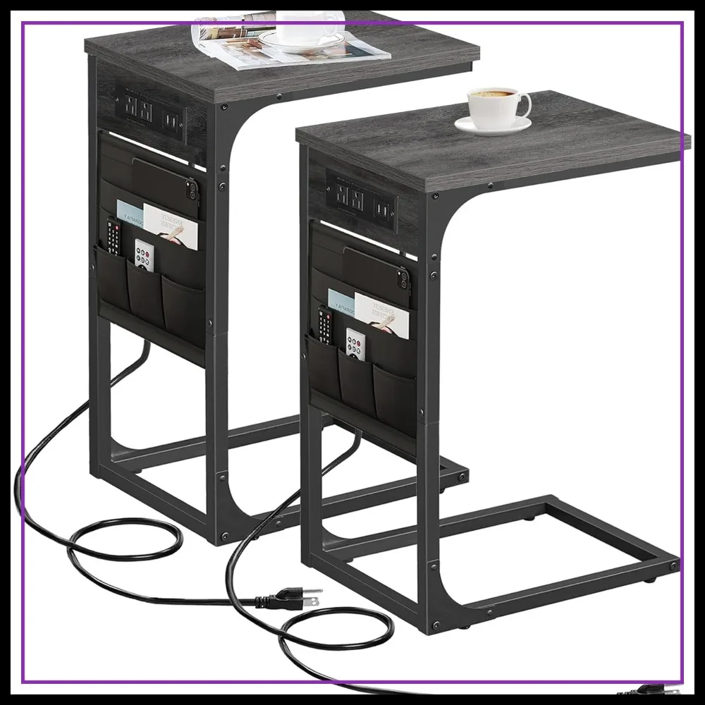 

C Shaped End Table with Charging Station, Side Table for Sofa, Set of 2, USB Ports and Outlets for Living Room, Bedroom
