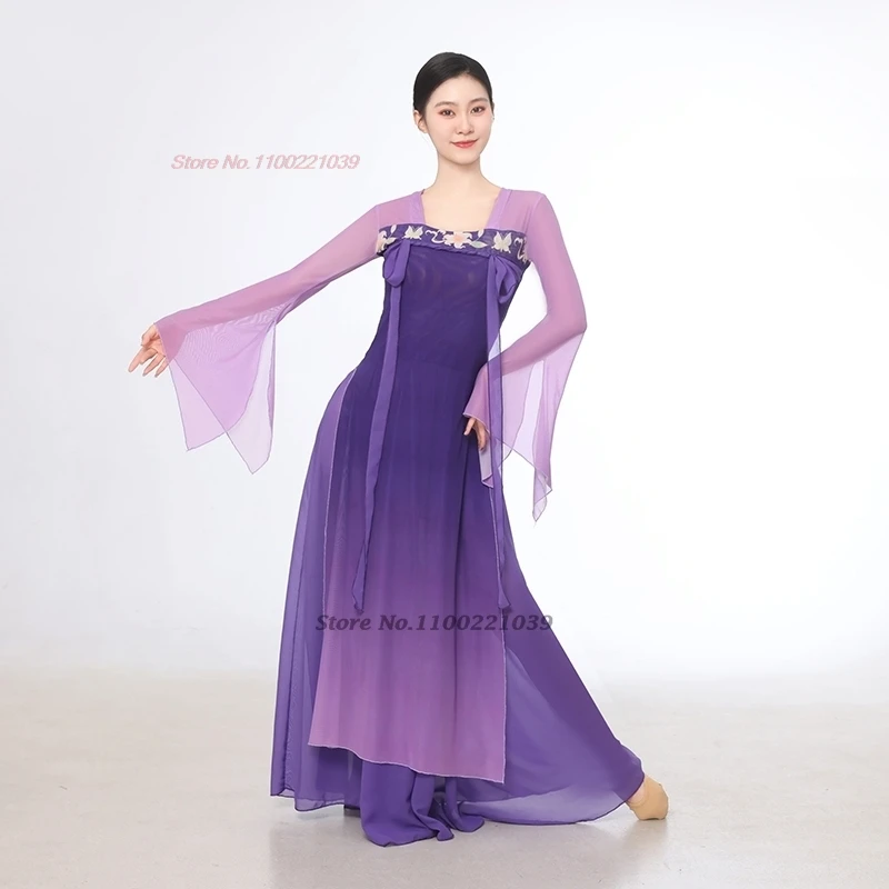 

2025 chinese folk dance costume flower print hanfu tops+skirt set traditional dancer training exercise stage performance dress