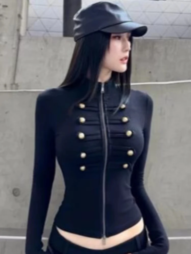 Y2k Aesthetic Women Stand Neck Slim Fit Jacket Harajuku Vintage Double-breasted Casual Coat Streetwear Solid Grunge Crop Outwear