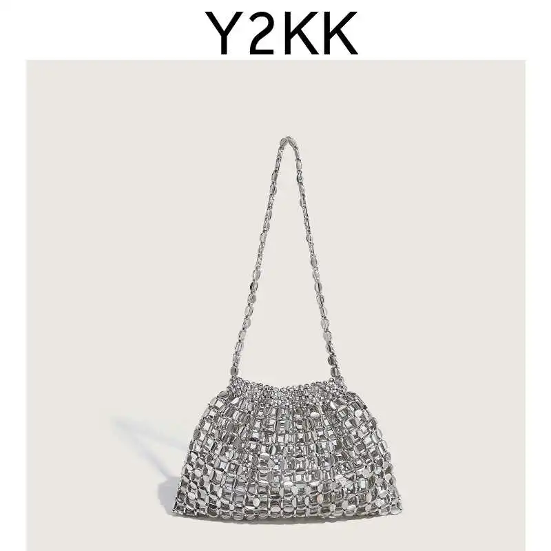 Y2kk Portable  Design Sense Silver Handmade Beaded Woven Handbag Summer B Spare Underarm Shoulder Bag Fashion