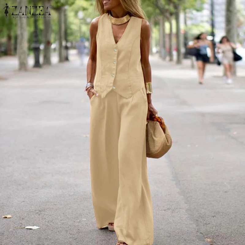 ZANZEA Sommer-Hosensets für Damen im Old-Money-Stil, ärmellose Westenoberteile und Hosen mit weitem Bein, 2-teilige Anzüge, Vintage-elegante Outfits