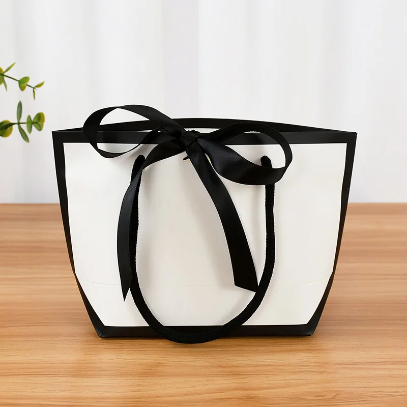 1/3pcs White Paper Box With Black Border Shopping Bags Portable Tote Bags Bow Ribbon Gifts Packaging Bag Clothes Jewelry Packing