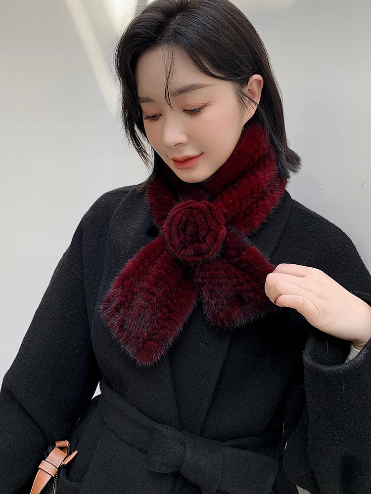 

Luxury Women Winter Warm Real MInk Fur Scarf For Lady Genuine Fur Neckerchief Handmade Knit Muffler with Flower