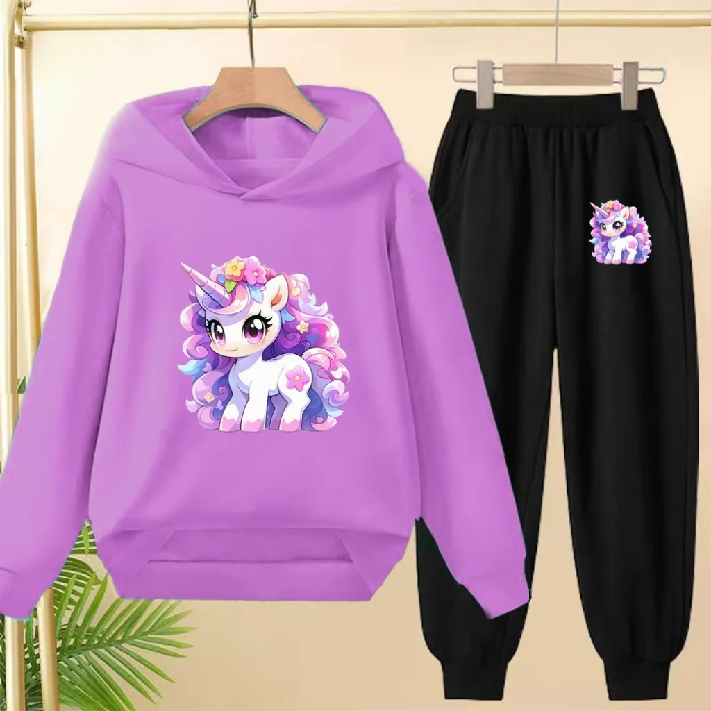 

The Purple Cute Unicorn-patterned Sportswear Set, Hooded Long Shirt Children's Sportswear Pants Suitable Boys Girls Aged 3 to 12